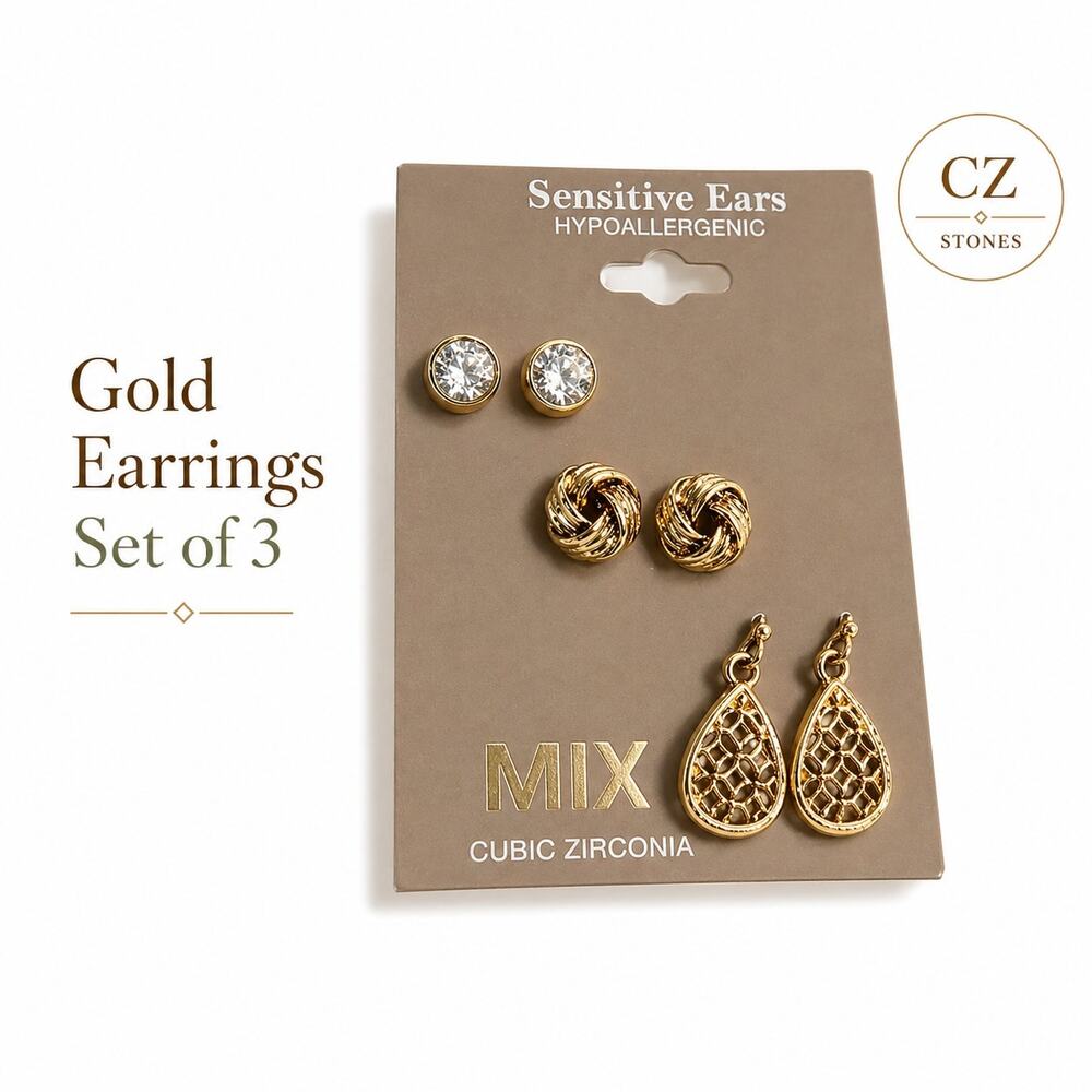 Gold Tone Earrings Lot Stud Knot Teardrop Sensitive Ears Cubic Zirconia Mixit